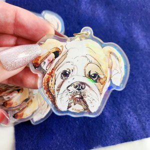 American Bulldog Acrylic Keychain, Holographic Pet Keyring Watercolor